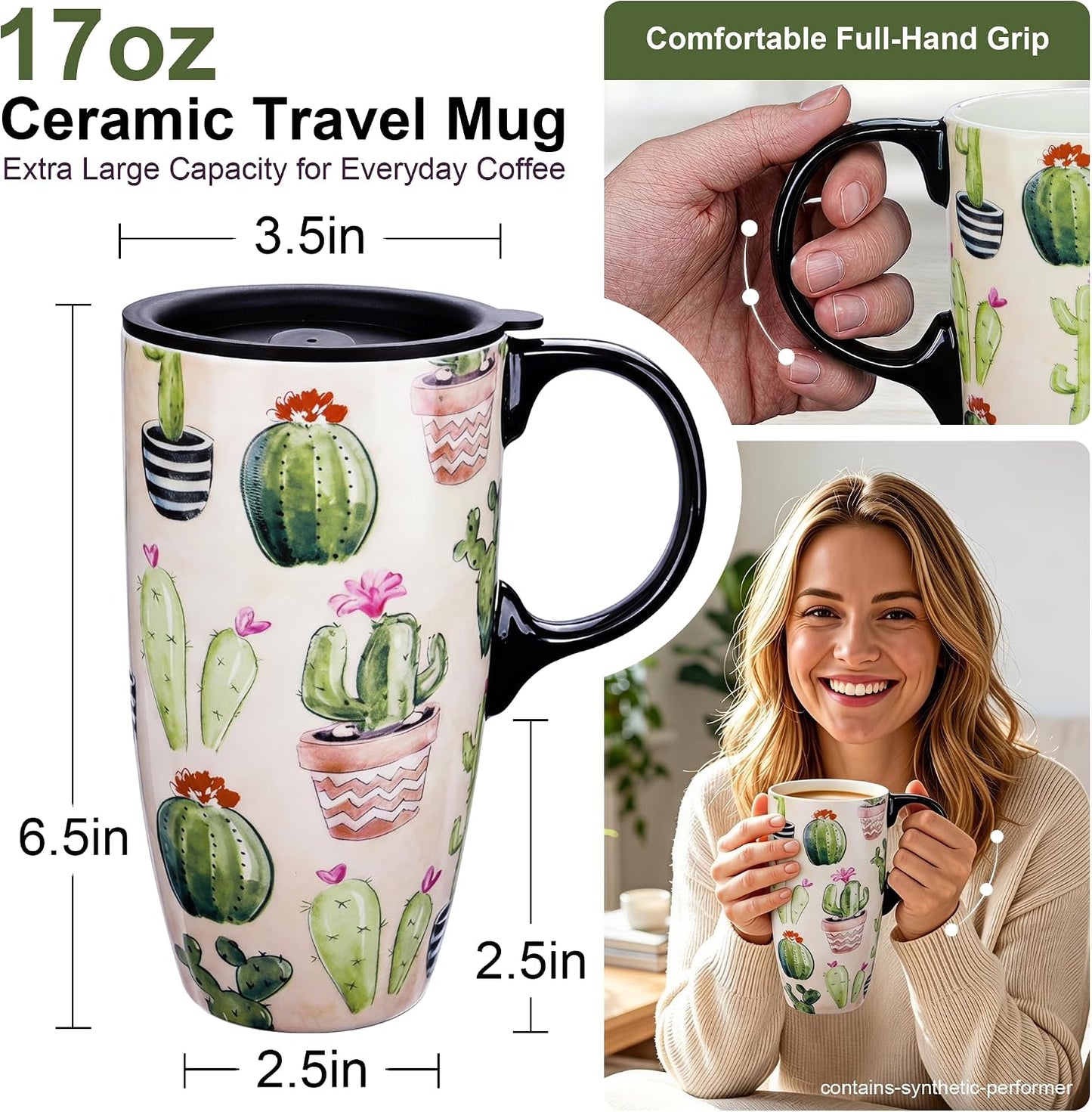17oz Ceramic Travel Coffee Mug with Lid, Microwave Safe Tea Cup | Hand-Painted Botanical Leaf Design, Spill Proof, Microwave & Dishwasher Safe