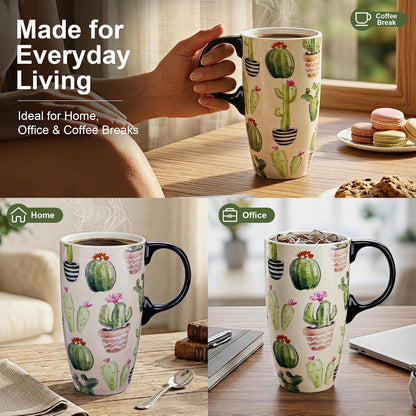 17oz Ceramic Travel Coffee Mug with Lid, Microwave Safe Tea Cup | Hand-Painted Botanical Leaf Design, Spill Proof, Microwave & Dishwasher Safe