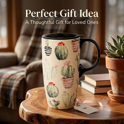 17oz Ceramic Travel Coffee Mug with Lid, Microwave Safe Tea Cup | Hand-Painted Botanical Leaf Design, Spill Proof, Microwave & Dishwasher Safe