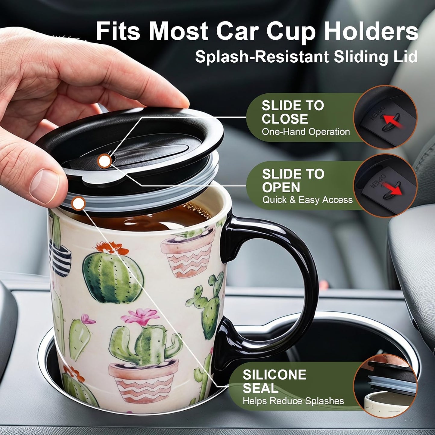 17oz Ceramic Travel Coffee Mug with Lid, Microwave Safe Tea Cup | Hand-Painted Botanical Leaf Design, Spill Proof, Microwave & Dishwasher Safe