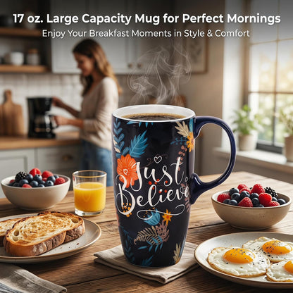 17oz Ceramic Travel Coffee Mug with Lid, Microwave Safe Tea Cup | Hand-Painted Botanical Leaf Design, Spill Proof, Microwave & Dishwasher Safe