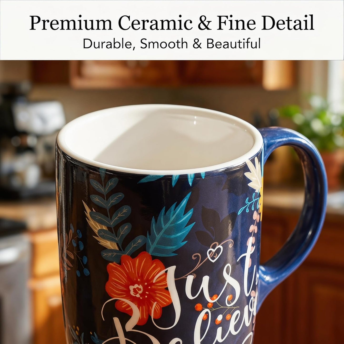 17oz Ceramic Travel Coffee Mug with Lid, Microwave Safe Tea Cup | Hand-Painted Botanical Leaf Design, Spill Proof, Microwave & Dishwasher Safe