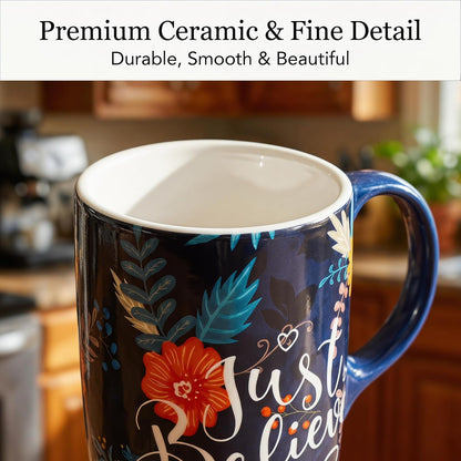 17oz Ceramic Travel Coffee Mug with Lid, Microwave Safe Tea Cup | Hand-Painted Botanical Leaf Design, Spill Proof, Microwave & Dishwasher Safe
