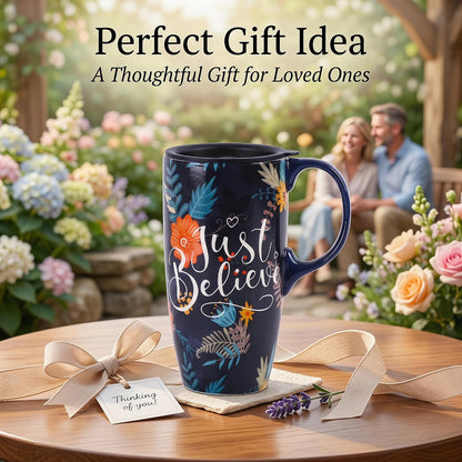 17oz Ceramic Travel Coffee Mug with Lid, Microwave Safe Tea Cup | Hand-Painted Botanical Leaf Design, Spill Proof, Microwave & Dishwasher Safe