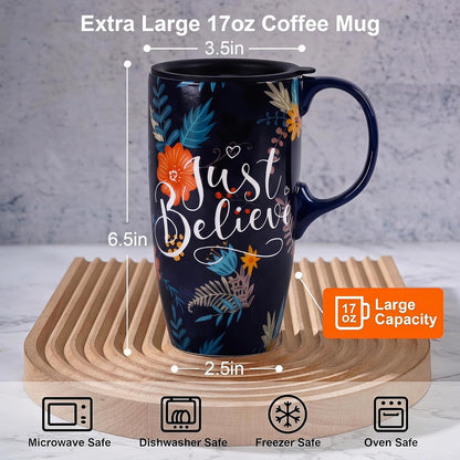 17oz Ceramic Travel Coffee Mug with Lid, Microwave Safe Tea Cup | Hand-Painted Botanical Leaf Design, Spill Proof, Microwave & Dishwasher Safe