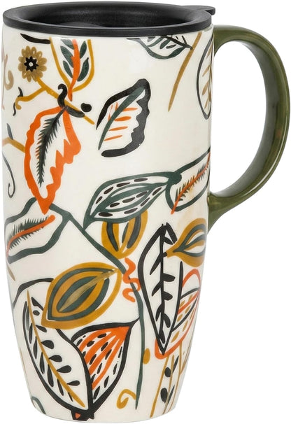 17oz Ceramic Travel Coffee Mug with Lid, Microwave Safe Tea Cup | Hand-Painted Botanical Leaf Design, Spill Proof, Microwave & Dishwasher Safe