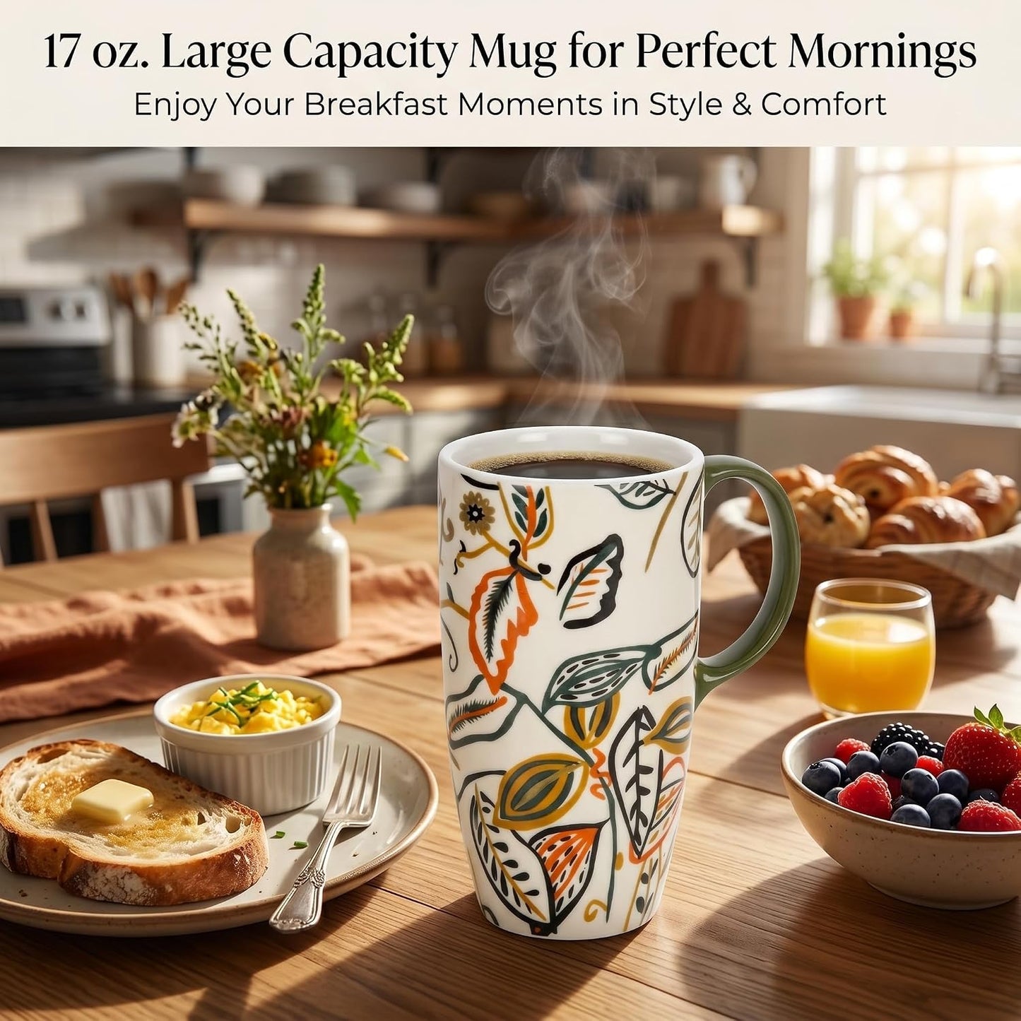 17oz Ceramic Travel Coffee Mug with Lid, Microwave Safe Tea Cup | Hand-Painted Botanical Leaf Design, Spill Proof, Microwave & Dishwasher Safe