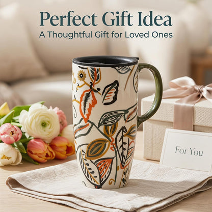 17oz Ceramic Travel Coffee Mug with Lid, Microwave Safe Tea Cup | Hand-Painted Botanical Leaf Design, Spill Proof, Microwave & Dishwasher Safe