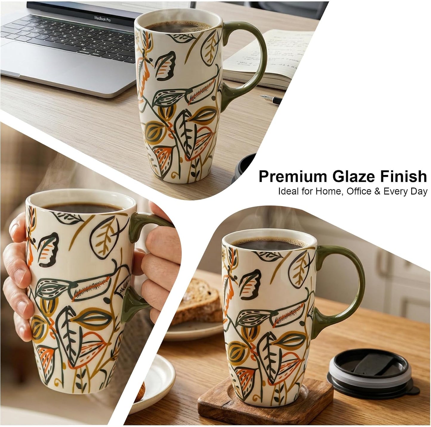 17oz Ceramic Travel Coffee Mug with Lid, Microwave Safe Tea Cup | Hand-Painted Botanical Leaf Design, Spill Proof, Microwave & Dishwasher Safe