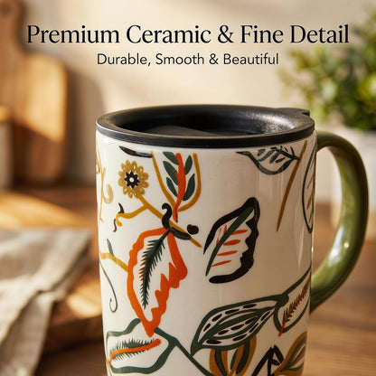 17oz Ceramic Travel Coffee Mug with Lid, Microwave Safe Tea Cup | Hand-Painted Botanical Leaf Design, Spill Proof, Microwave & Dishwasher Safe