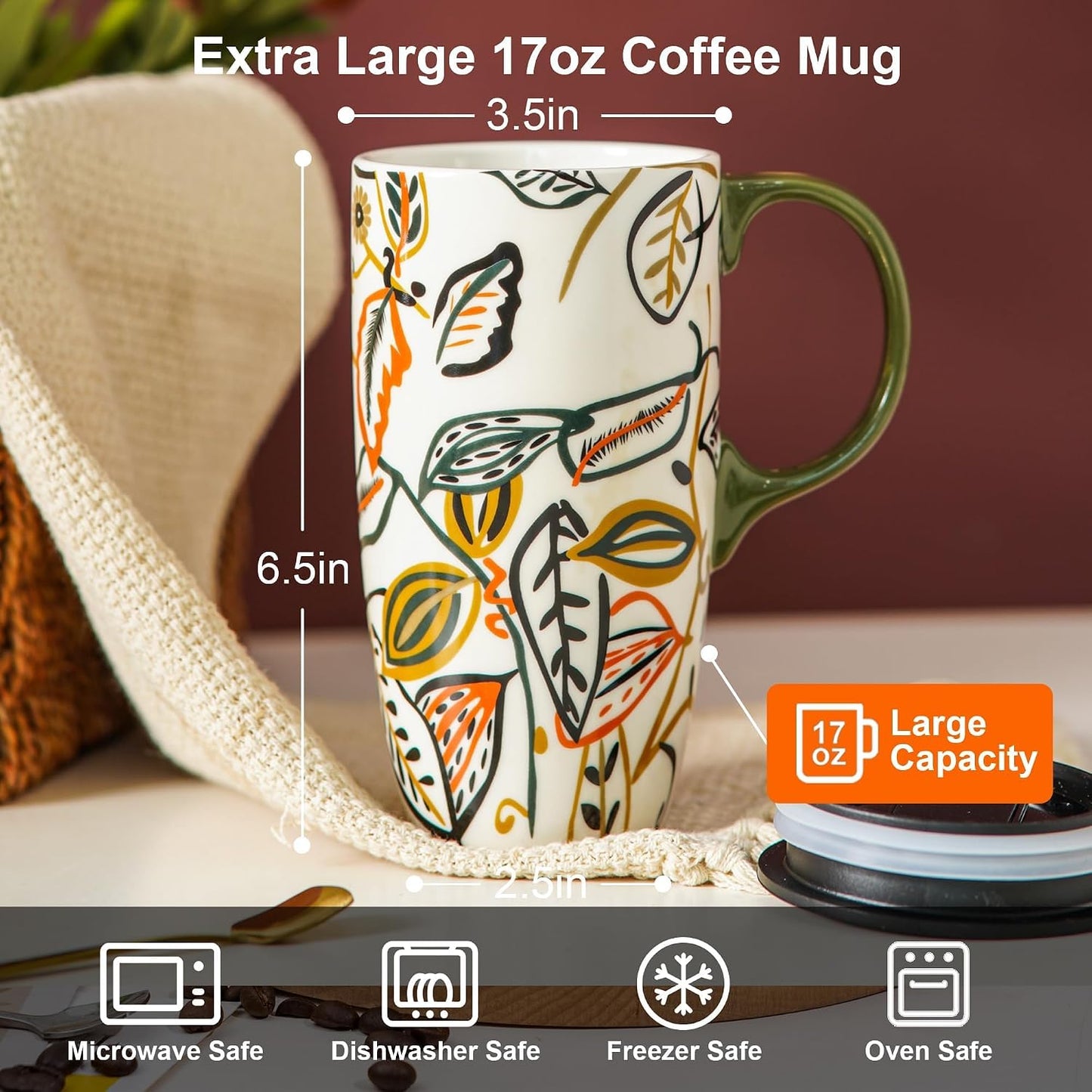 17oz Ceramic Travel Coffee Mug with Lid, Microwave Safe Tea Cup | Hand-Painted Botanical Leaf Design, Spill Proof, Microwave & Dishwasher Safe