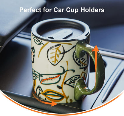 17oz Ceramic Travel Coffee Mug with Lid, Microwave Safe Tea Cup | Hand-Painted Botanical Leaf Design, Spill Proof, Microwave & Dishwasher Safe