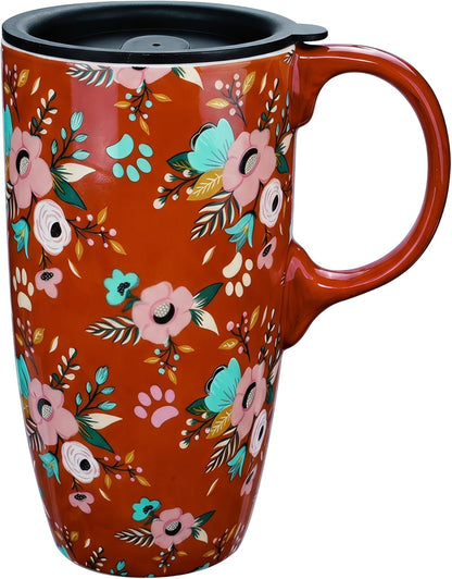 17oz Ceramic Travel Coffee Mug with Lid, Microwave Safe Tea Cup | Hand-Painted Botanical Leaf Design, Spill Proof, Microwave & Dishwasher Safe