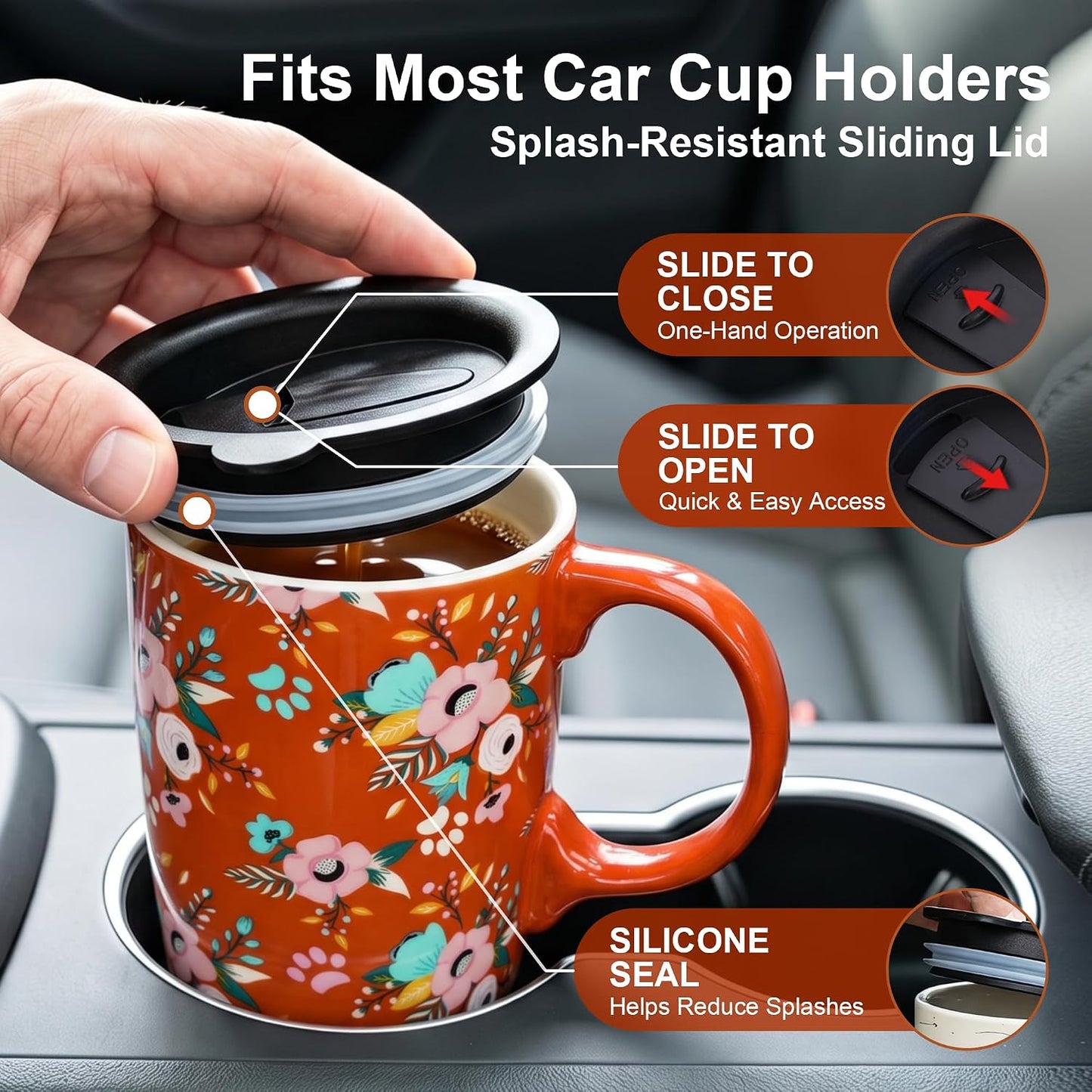 17oz Ceramic Travel Coffee Mug with Lid, Microwave Safe Tea Cup | Hand-Painted Botanical Leaf Design, Spill Proof, Microwave & Dishwasher Safe