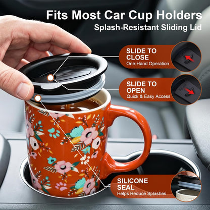 17oz Ceramic Travel Coffee Mug with Lid, Microwave Safe Tea Cup | Hand-Painted Botanical Leaf Design, Spill Proof, Microwave & Dishwasher Safe