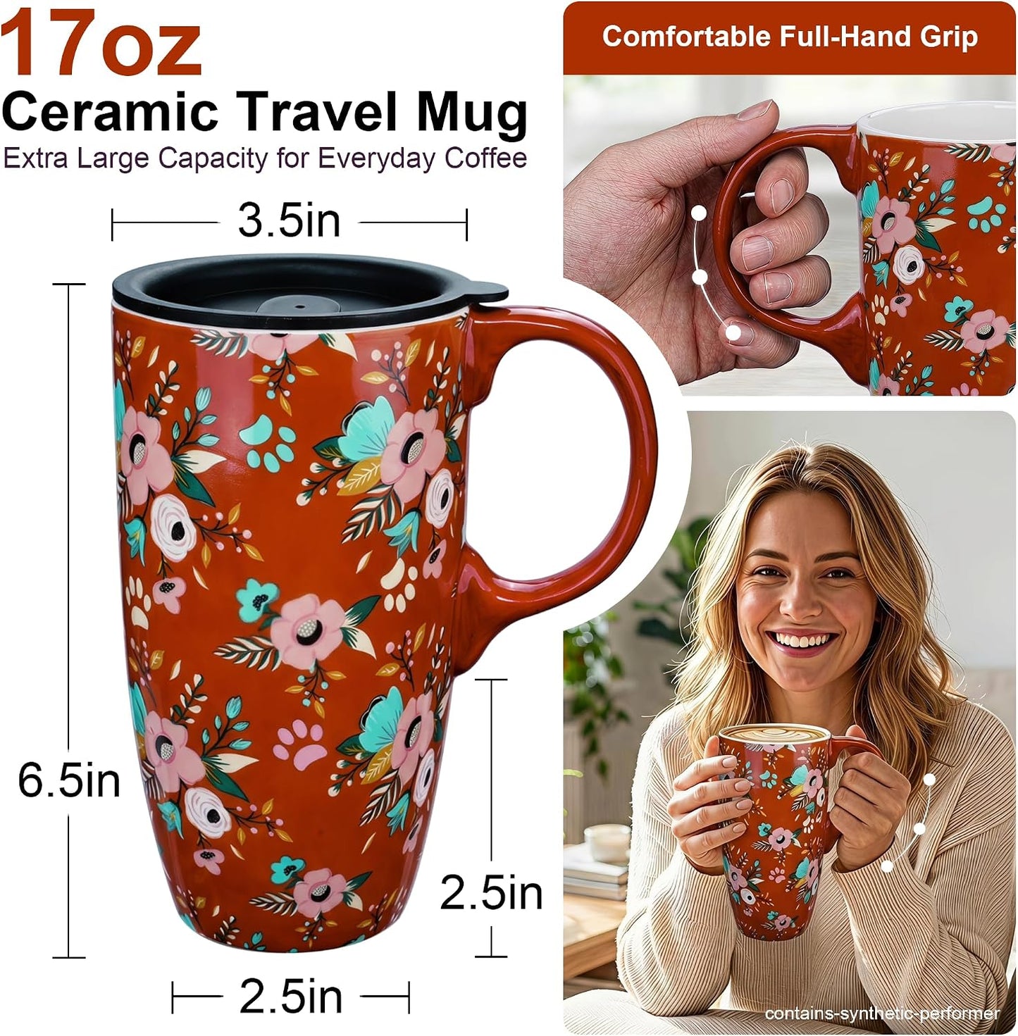 17oz Ceramic Travel Coffee Mug with Lid, Microwave Safe Tea Cup | Hand-Painted Botanical Leaf Design, Spill Proof, Microwave & Dishwasher Safe