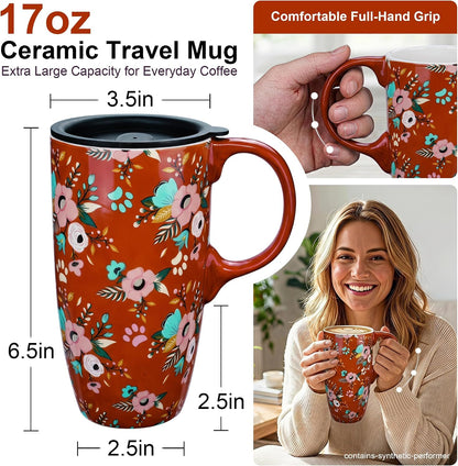 17oz Ceramic Travel Coffee Mug with Lid, Microwave Safe Tea Cup | Hand-Painted Botanical Leaf Design, Spill Proof, Microwave & Dishwasher Safe
