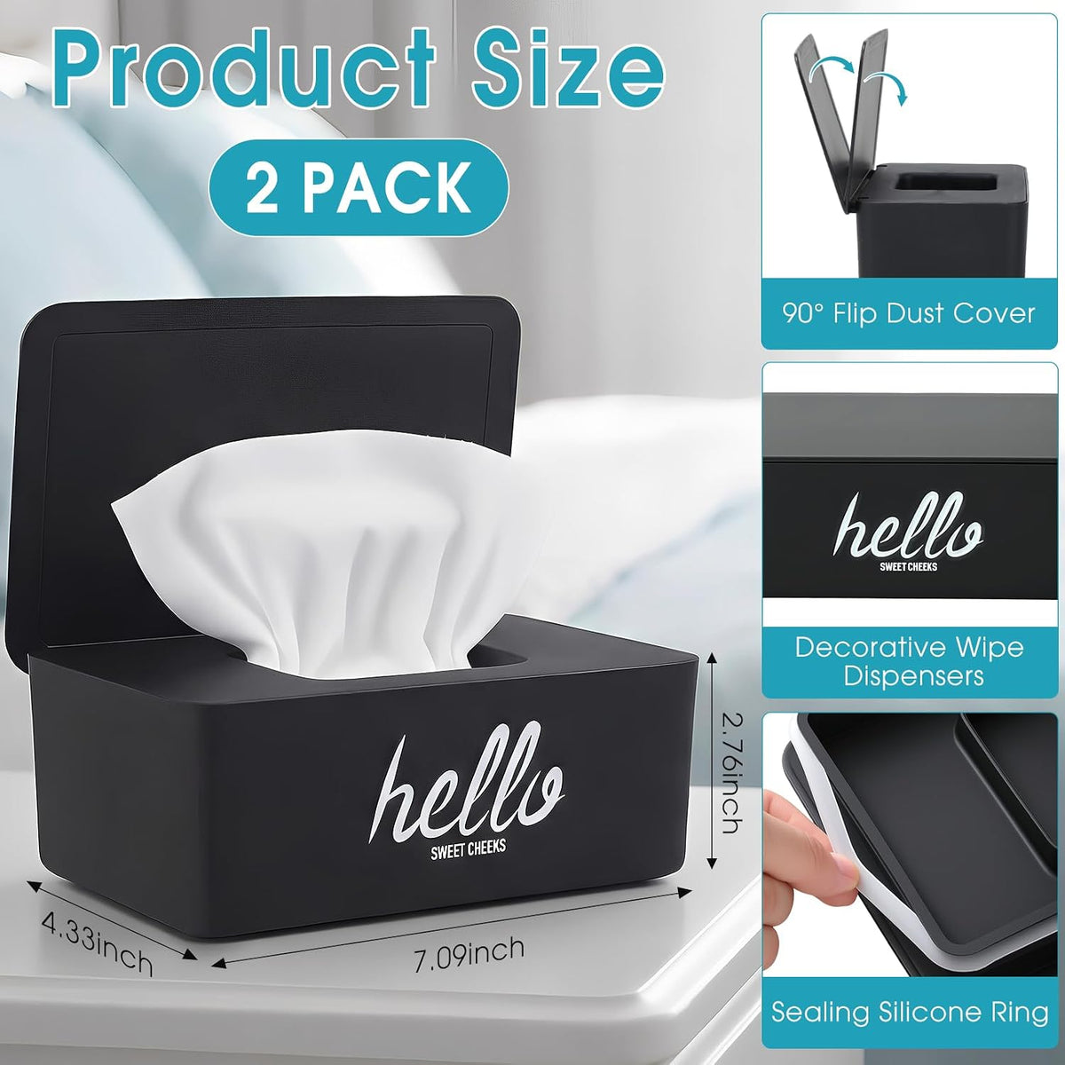 2 Pack Wipe Dispenser Wipes Holder for Baby Adult Decorative Wipe Containers for Bathroom Home Office Cars(Black, White)