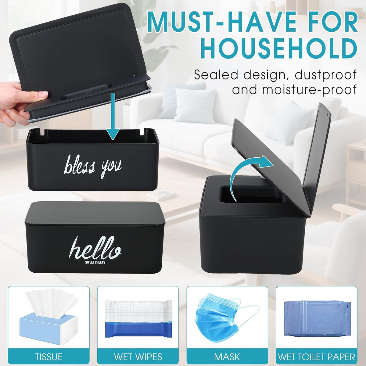 2 Pack Wipe Dispenser Wipes Holder for Baby Adult Decorative Wipe Containers for Bathroom Home Office Cars(Black, White)