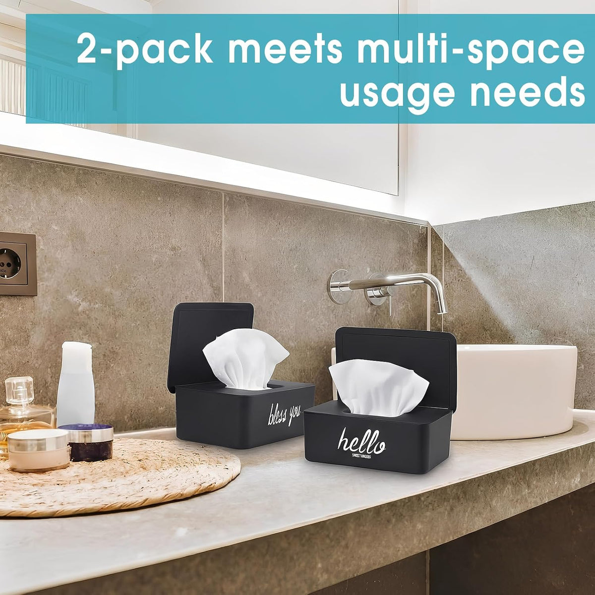 2 Pack Wipe Dispenser Wipes Holder for Baby Adult Decorative Wipe Containers for Bathroom Home Office Cars(Black, White)