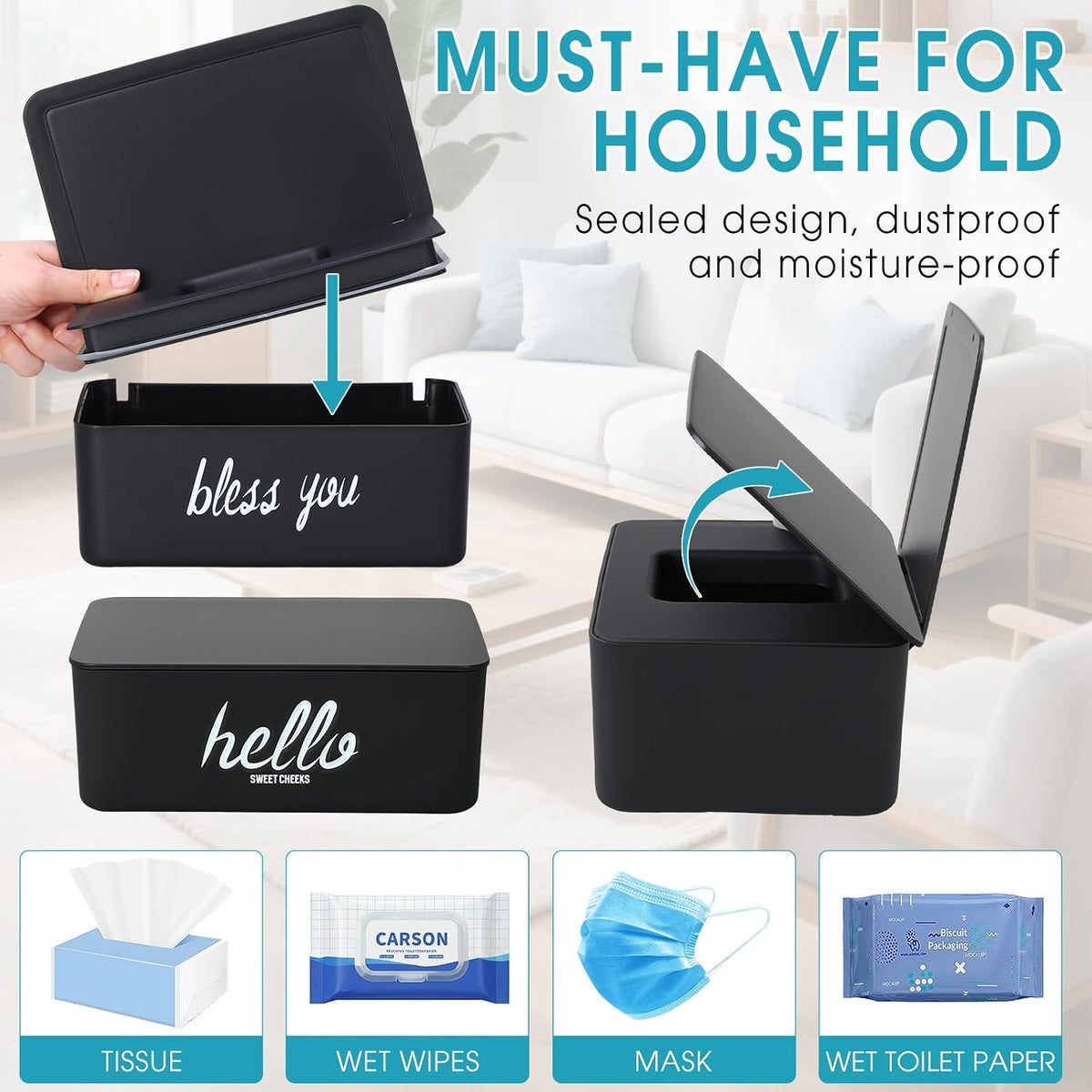 2 Pack Wipe Dispenser Wipes Holder for Baby Adult Decorative Wipe Containers for Bathroom Home Office Cars(Black, White)