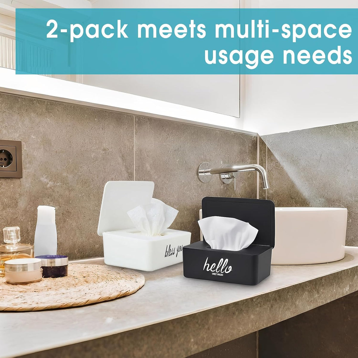 2 Pack Wipe Dispenser Wipes Holder for Baby Adult Decorative Wipe Containers for Bathroom Home Office Cars(Black, White)