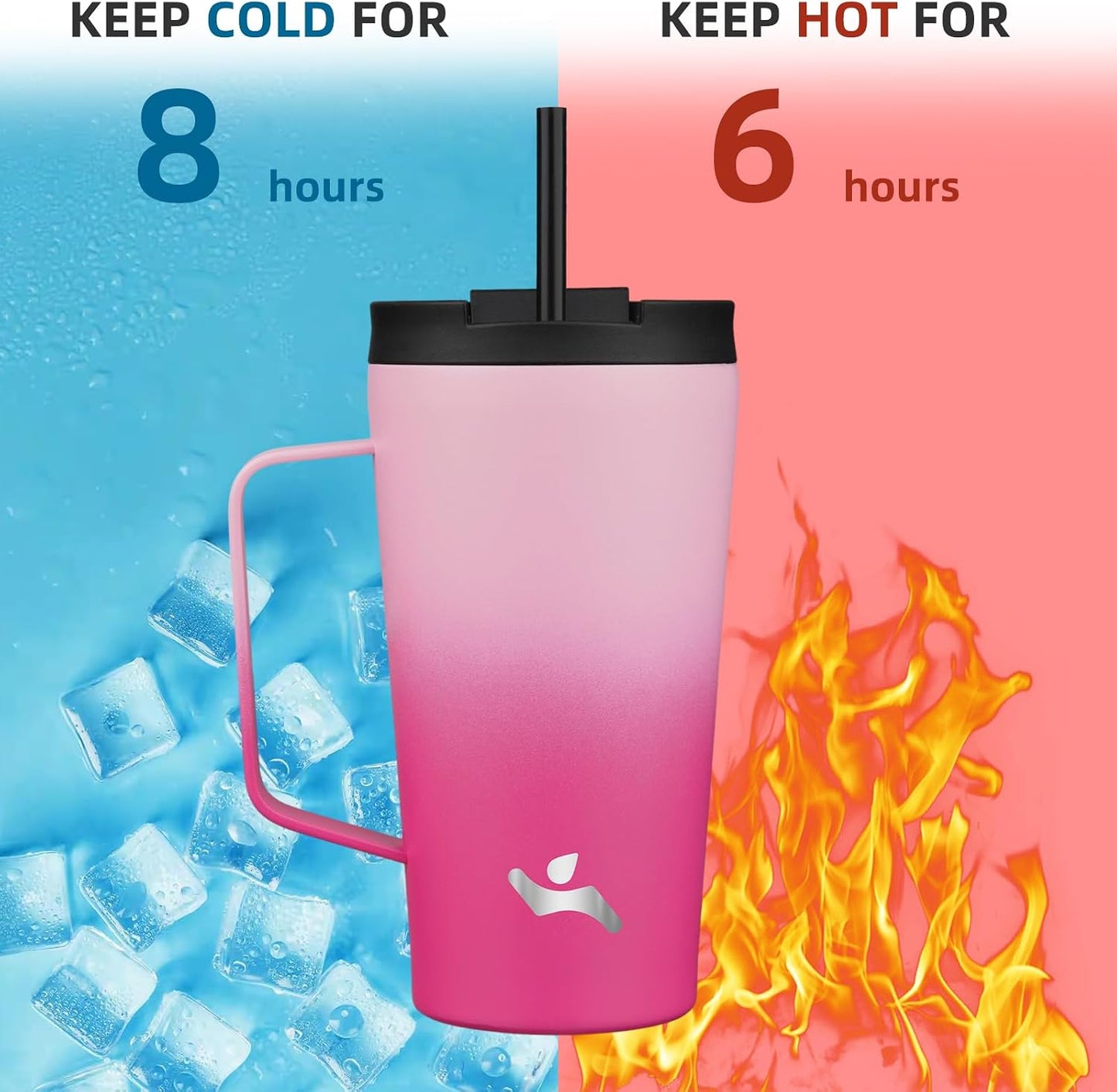26 oz Insulated Tumbler with Handle & Straw, Stainless Steel Mug | Cherry; BPA-free, leak-proof reusable bottle for coffee, iced drinks, office, travel, outdoor use & daily hydration