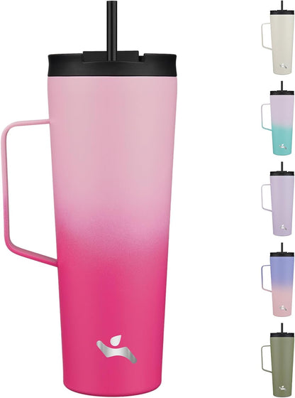 26 oz Insulated Tumbler with Handle & Straw, Stainless Steel Mug | Cherry; BPA-free, leak-proof reusable bottle for coffee, iced drinks, office, travel, outdoor use & daily hydration