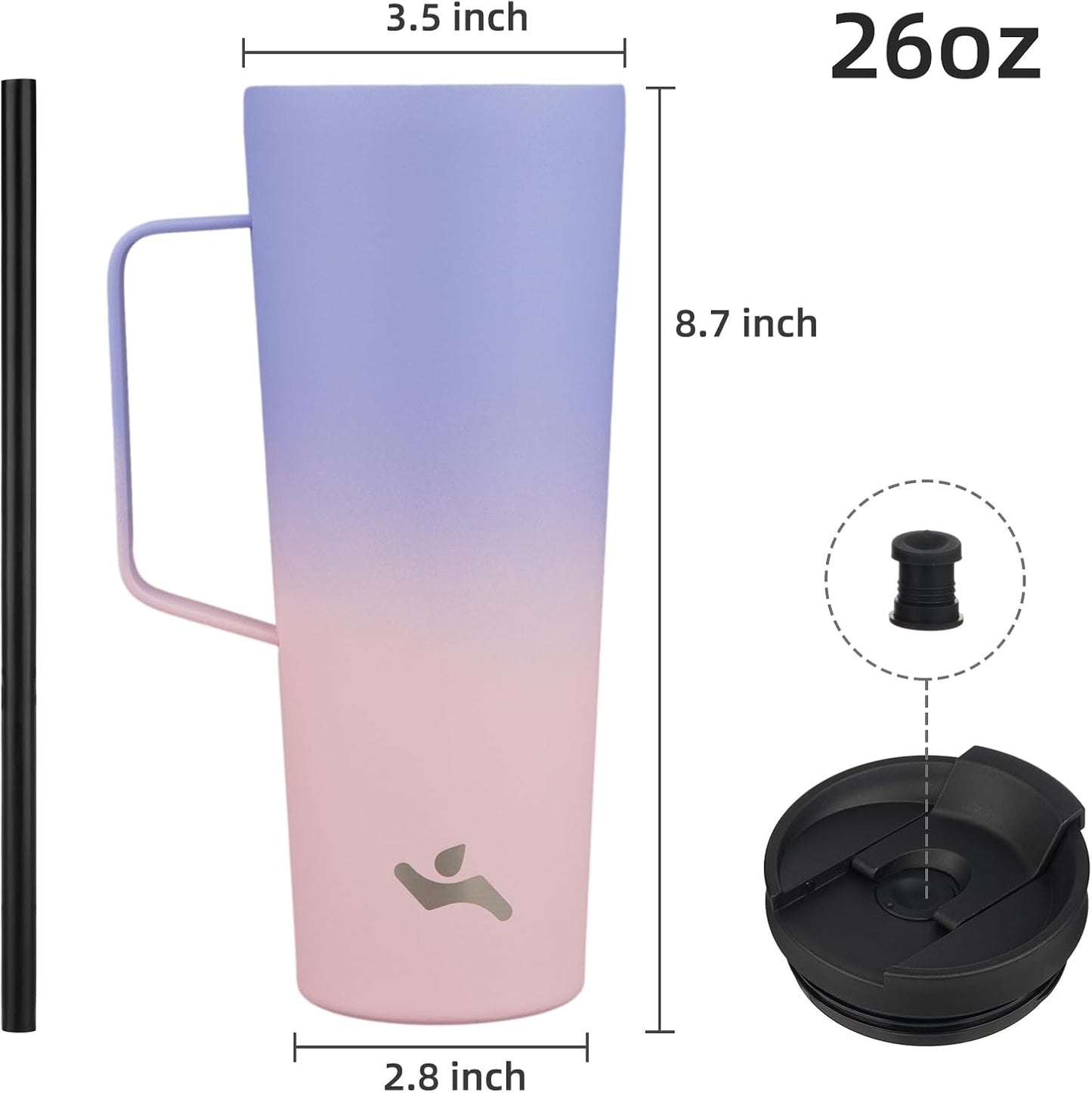 26 oz Insulated Tumbler with Handle & Straw, Stainless Steel Mug | Cherry; BPA-free, leak-proof reusable bottle for coffee, iced drinks, office, travel, outdoor use & daily hydration