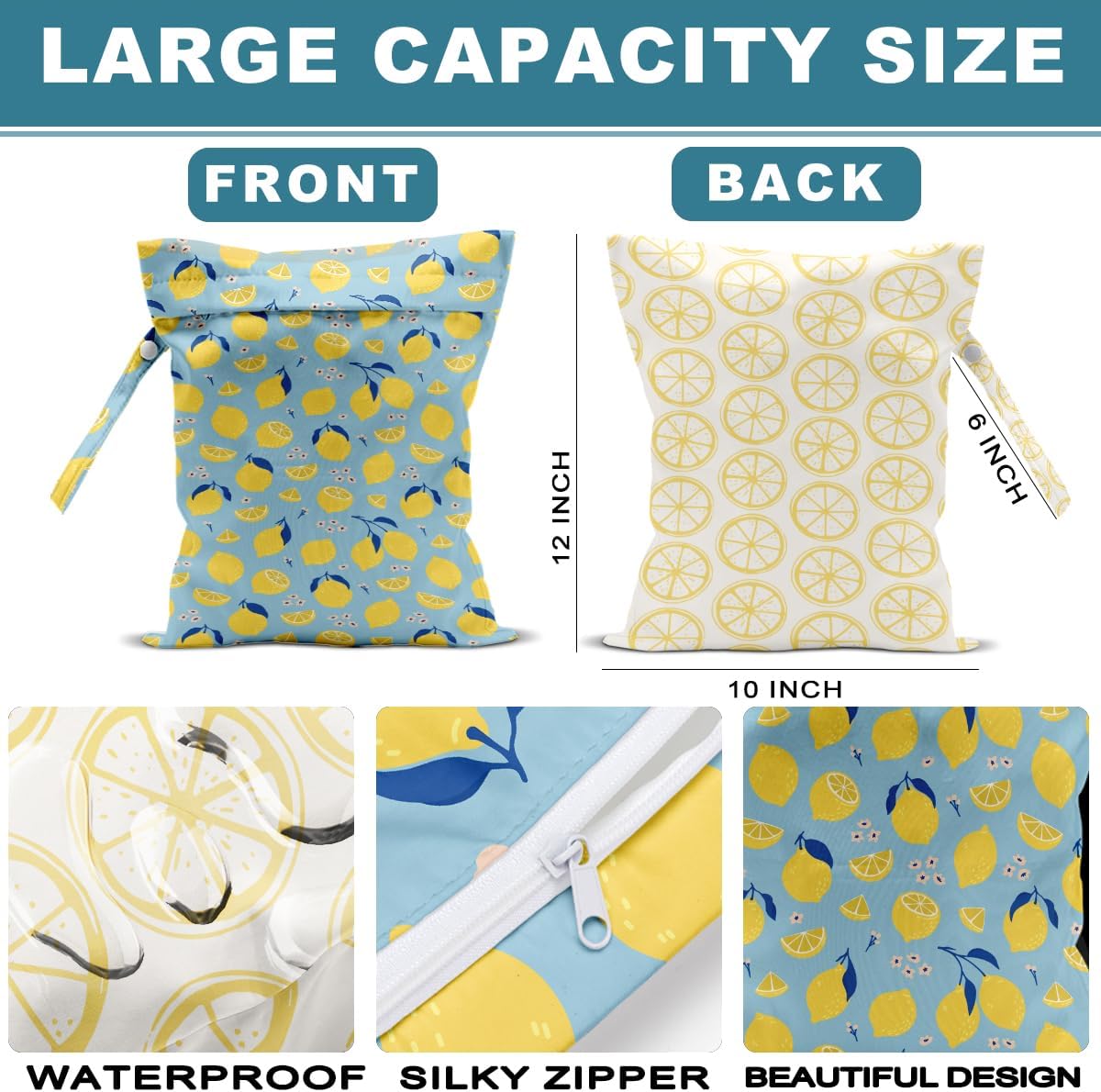 2Pcs Diaper Bag, Wet Dry Bag Reusable with Zipper, Travel, Beach, Pool, Diapers, Baby Clothes, Dirty Yoga Gym Clothes,Toiletry, Hook to Stroller, Waterproof Wetdry Packing, Dinosaur Decor (12x10 Inch)