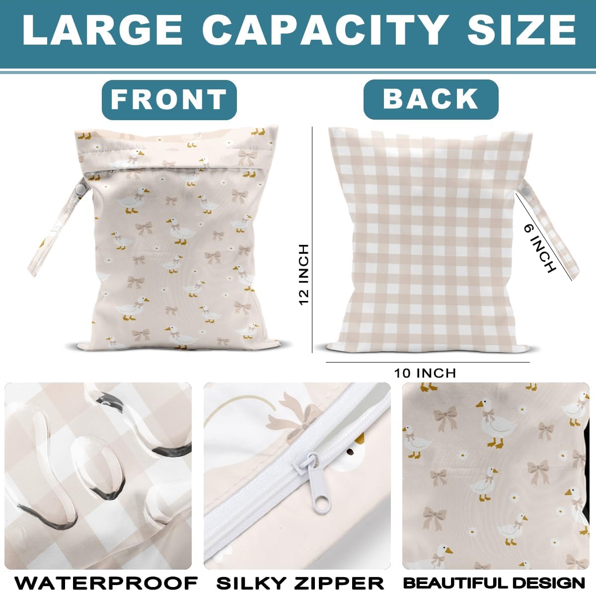 2Pcs Diaper Bag, Wet Dry Bag Reusable with Zipper, Travel, Beach, Pool, Diapers, Baby Clothes, Dirty Yoga Gym Clothes,Toiletry, Hook to Stroller, Waterproof Wetdry Packing, Dinosaur Decor (12x10 Inch)