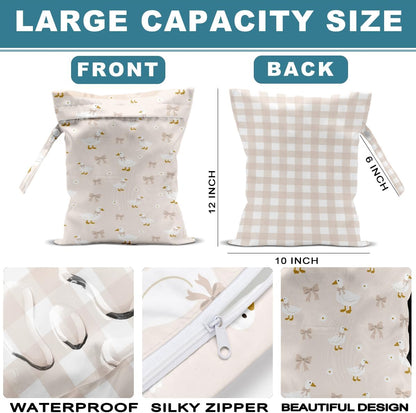 2Pcs Diaper Bag, Wet Dry Bag Reusable with Zipper, Travel, Beach, Pool, Diapers, Baby Clothes, Dirty Yoga Gym Clothes,Toiletry, Hook to Stroller, Waterproof Wetdry Packing, Dinosaur Decor (12x10 Inch)