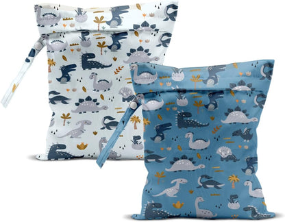 2Pcs Diaper Bag, Wet Dry Bag Reusable with Zipper, Travel, Beach, Pool, Diapers, Baby Clothes, Dirty Yoga Gym Clothes,Toiletry, Hook to Stroller, Waterproof Wetdry Packing, Dinosaur Decor (12x10 Inch)