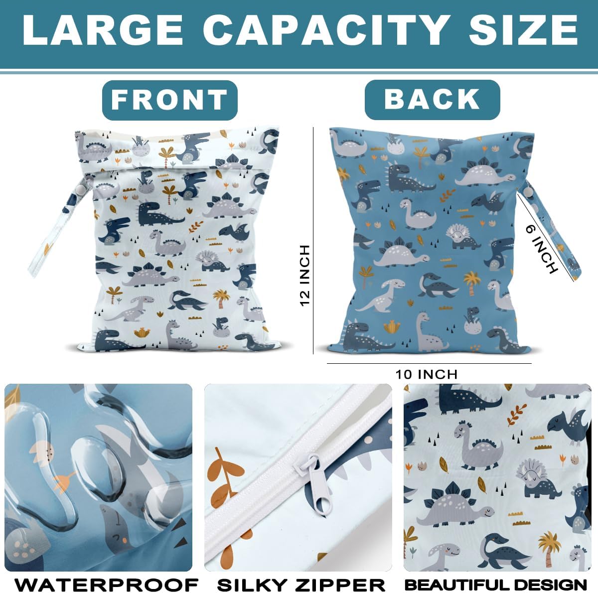2Pcs Diaper Bag, Wet Dry Bag Reusable with Zipper, Travel, Beach, Pool, Diapers, Baby Clothes, Dirty Yoga Gym Clothes,Toiletry, Hook to Stroller, Waterproof Wetdry Packing, Dinosaur Decor (12x10 Inch)