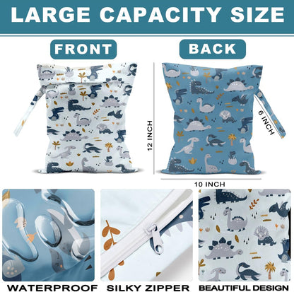2Pcs Diaper Bag, Wet Dry Bag Reusable with Zipper, Travel, Beach, Pool, Diapers, Baby Clothes, Dirty Yoga Gym Clothes,Toiletry, Hook to Stroller, Waterproof Wetdry Packing, Dinosaur Decor (12x10 Inch)