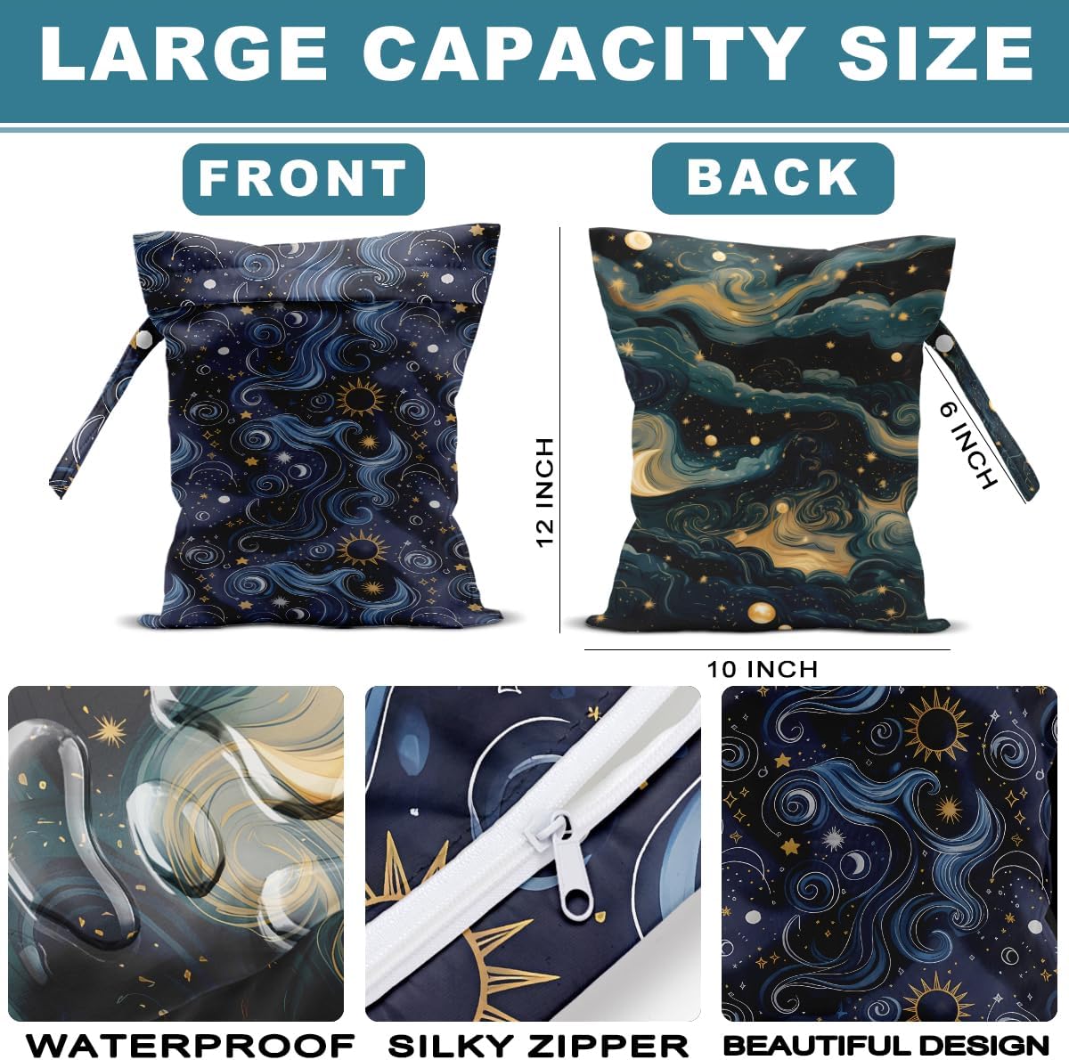 2Pcs Diaper Bag, Wet Dry Bag Reusable with Zipper, Travel, Beach, Pool, Diapers, Baby Clothes, Dirty Yoga Gym Clothes,Toiletry, Hook to Stroller, Waterproof Wetdry Packing, Dinosaur Decor (12x10 Inch)