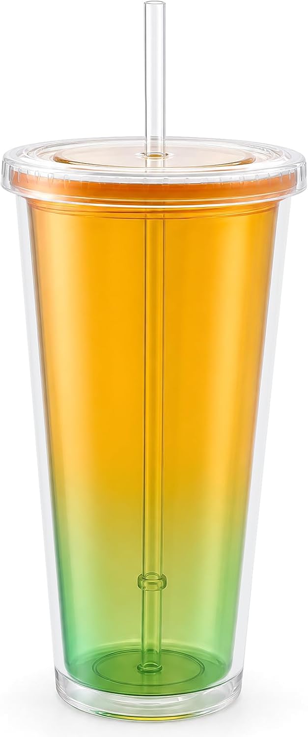 Tumbler with Lid and Straw 24 oz, double walled Iced Coffee Cup | Reusable, Ideal for Cold Drinks, Smoothie, Tea, Office Daily Use, Fit in Cupholder, BPA Free