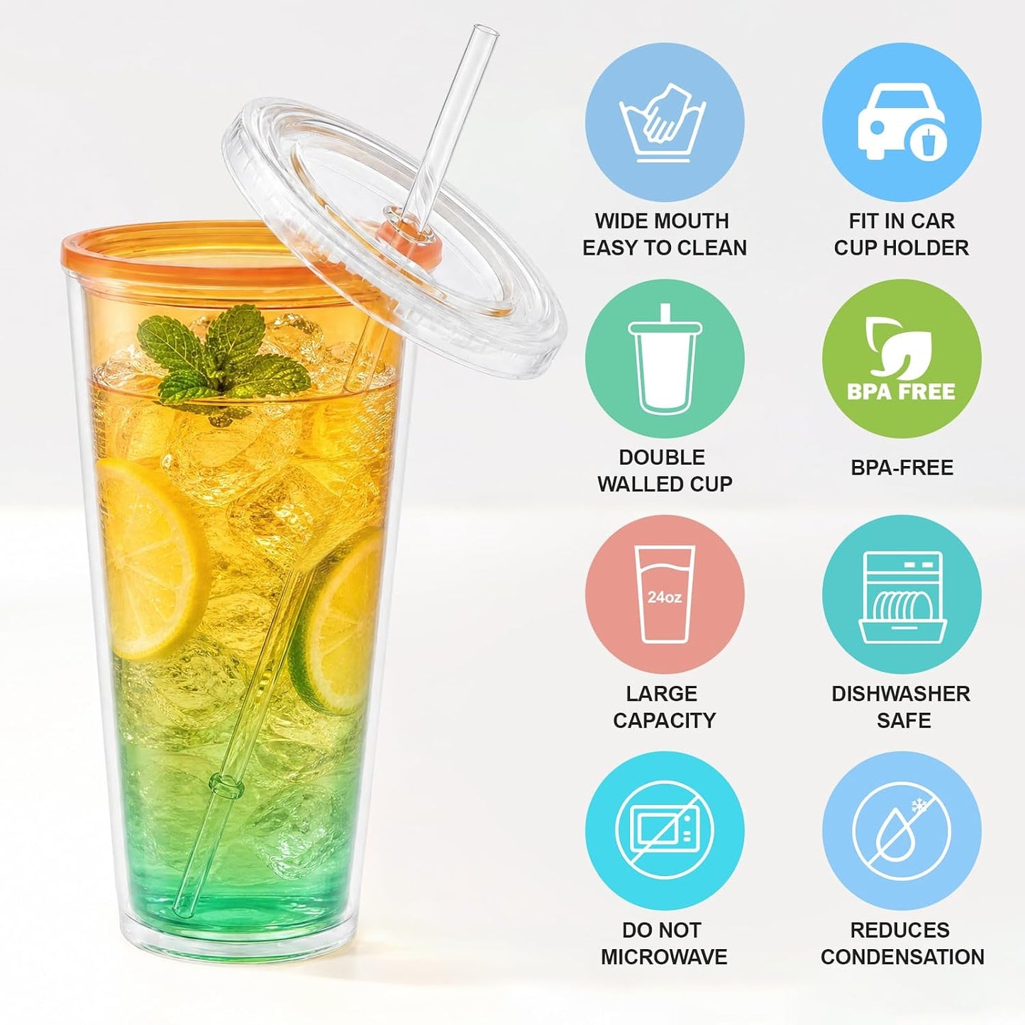 Tumbler with Lid and Straw 24 oz, double walled Iced Coffee Cup | Reusable, Ideal for Cold Drinks, Smoothie, Tea, Office Daily Use, Fit in Cupholder, BPA Free