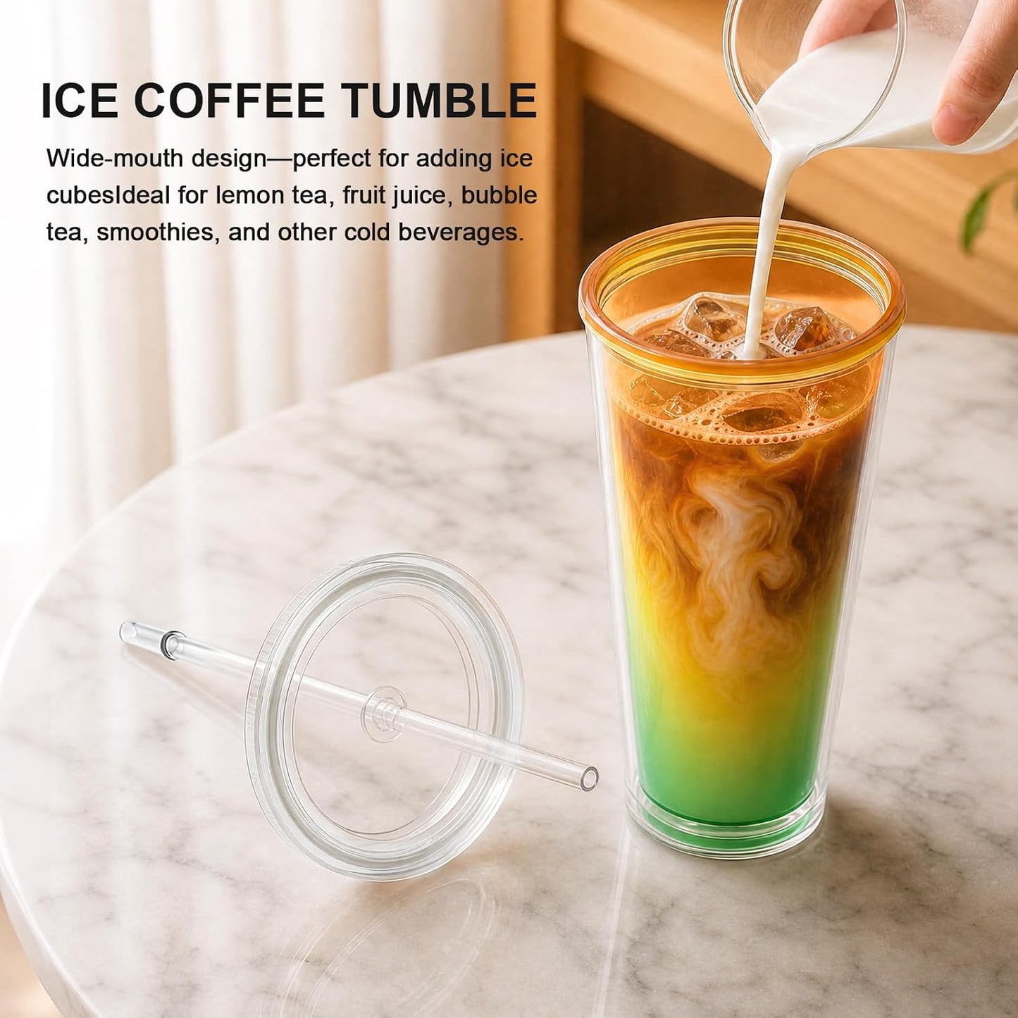 Tumbler with Lid and Straw 24 oz, double walled Iced Coffee Cup | Reusable, Ideal for Cold Drinks, Smoothie, Tea, Office Daily Use, Fit in Cupholder, BPA Free