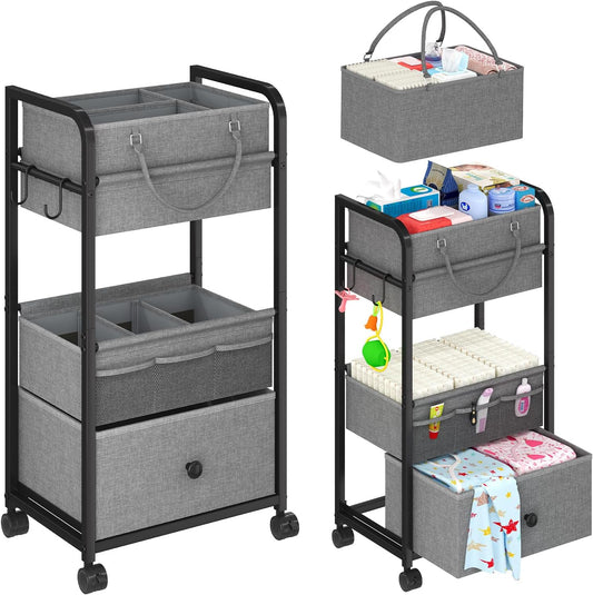 3In1 Baby Diaper Caddy Organizer, 3 Tier Rolling Cart with Drawer, Detachable Dividers, Mobile Utility Cart Baby Dresser Clothes Organizer for Crib, Bedroom, Art & Craft Storage, Grey
