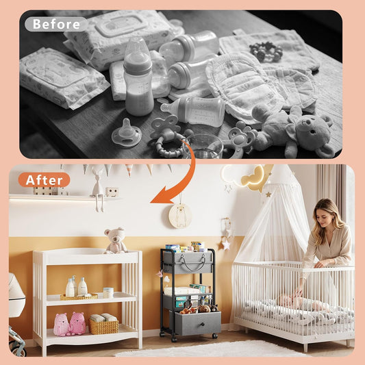 3In1 Baby Diaper Caddy Organizer, 3 Tier Rolling Cart with Drawer, Detachable Dividers, Mobile Utility Cart Baby Dresser Clothes Organizer for Crib, Bedroom, Art & Craft Storage, Grey