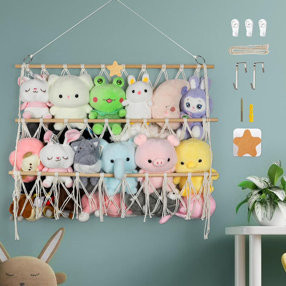 Stuffed Animal Net Hammock Wall Hanging Handmade Boho Macrame Toy Hammock Organizer Holder Display Hanging Plush Toy Net for Corner Wall Stuffed Animal Storage(29.9" H x 31.5" W)