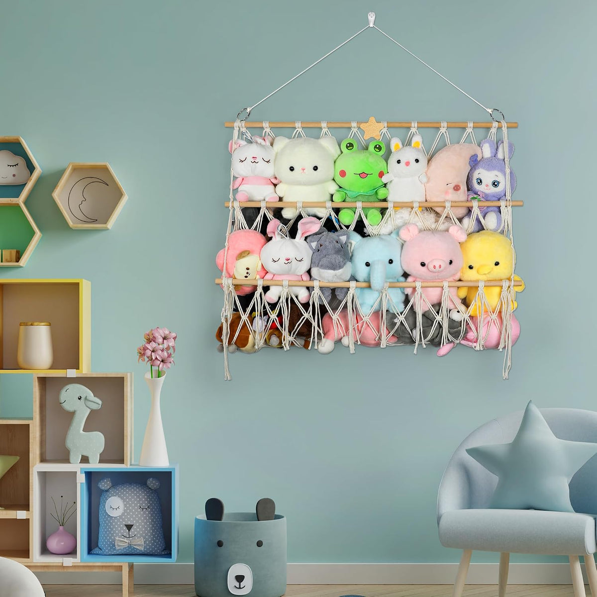 Stuffed Animal Net Hammock Wall Hanging Handmade Boho Macrame Toy Hammock Organizer Holder Display Hanging Plush Toy Net for Corner Wall Stuffed Animal Storage(29.9" H x 31.5" W)