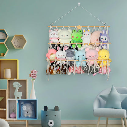 Stuffed Animal Net Hammock Wall Hanging Handmade Boho Macrame Toy Hammock Organizer Holder Display Hanging Plush Toy Net for Corner Wall Stuffed Animal Storage(29.9" H x 31.5" W)