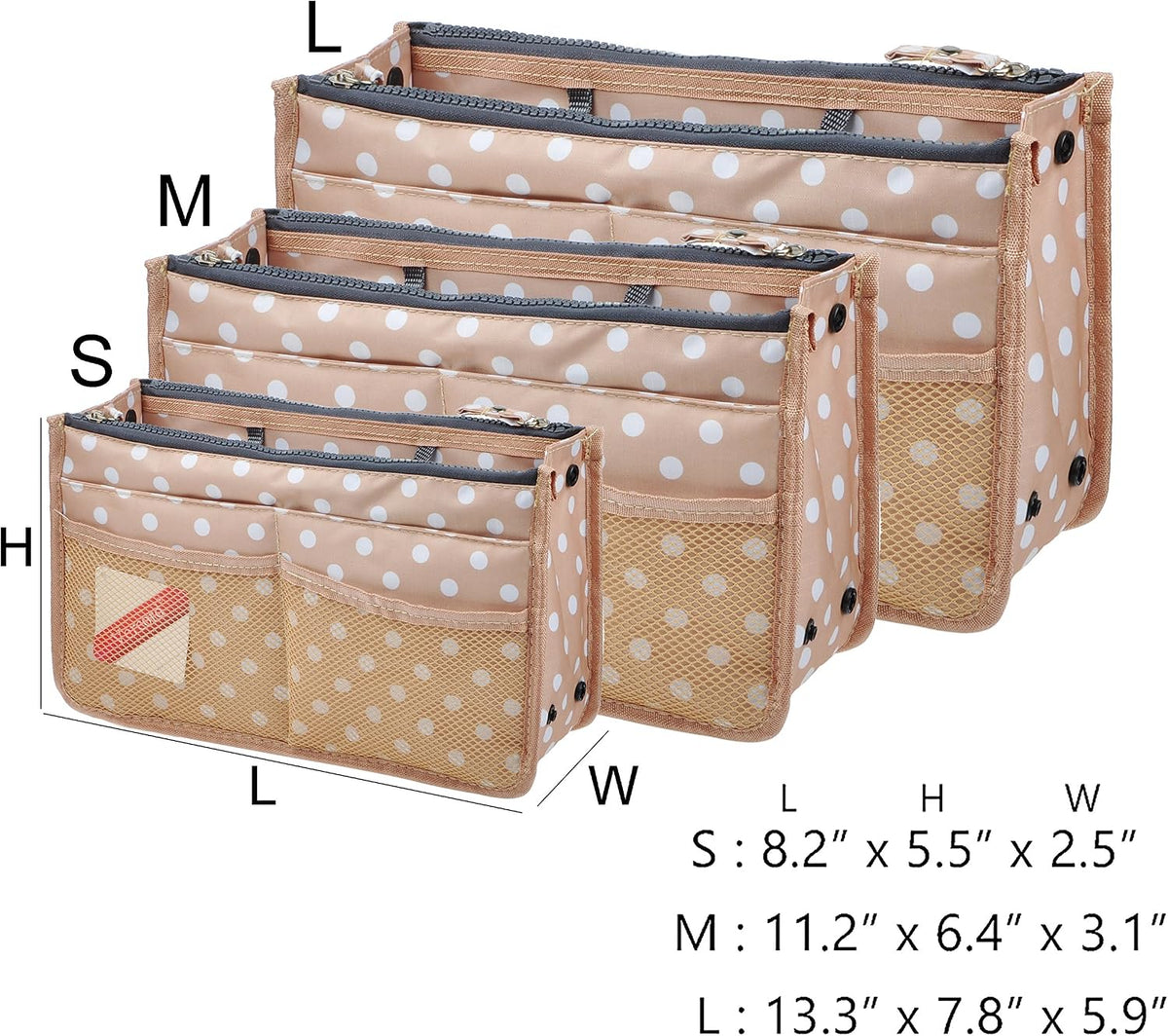 Updated Purse Handbag Organizer Insert Liner Bag in Bag 13 Pockets Beige Dot Small