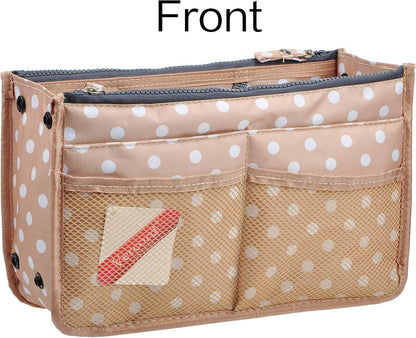 Updated Purse Handbag Organizer Insert Liner Bag in Bag 13 Pockets Beige Dot Small