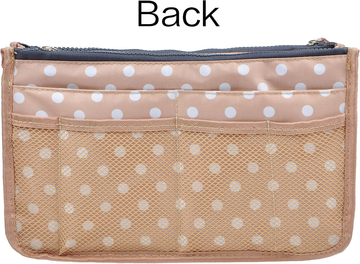 Updated Purse Handbag Organizer Insert Liner Bag in Bag 13 Pockets Beige Dot Small