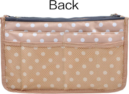 Updated Purse Handbag Organizer Insert Liner Bag in Bag 13 Pockets Beige Dot Small