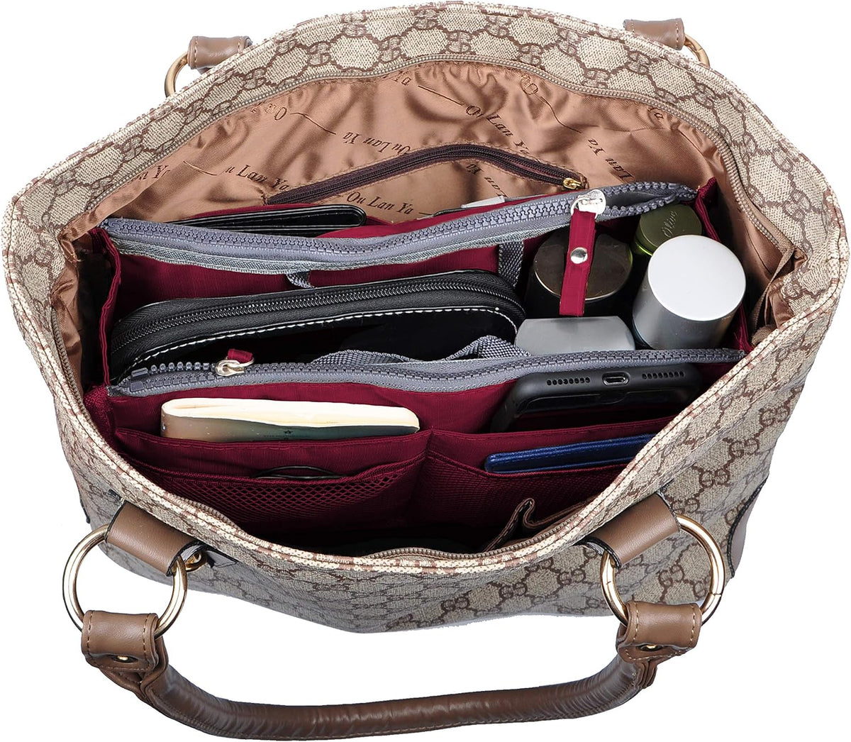 Updated Purse Handbag Organizer Insert Liner Bag in Bag 13 Pockets Beige Dot Small
