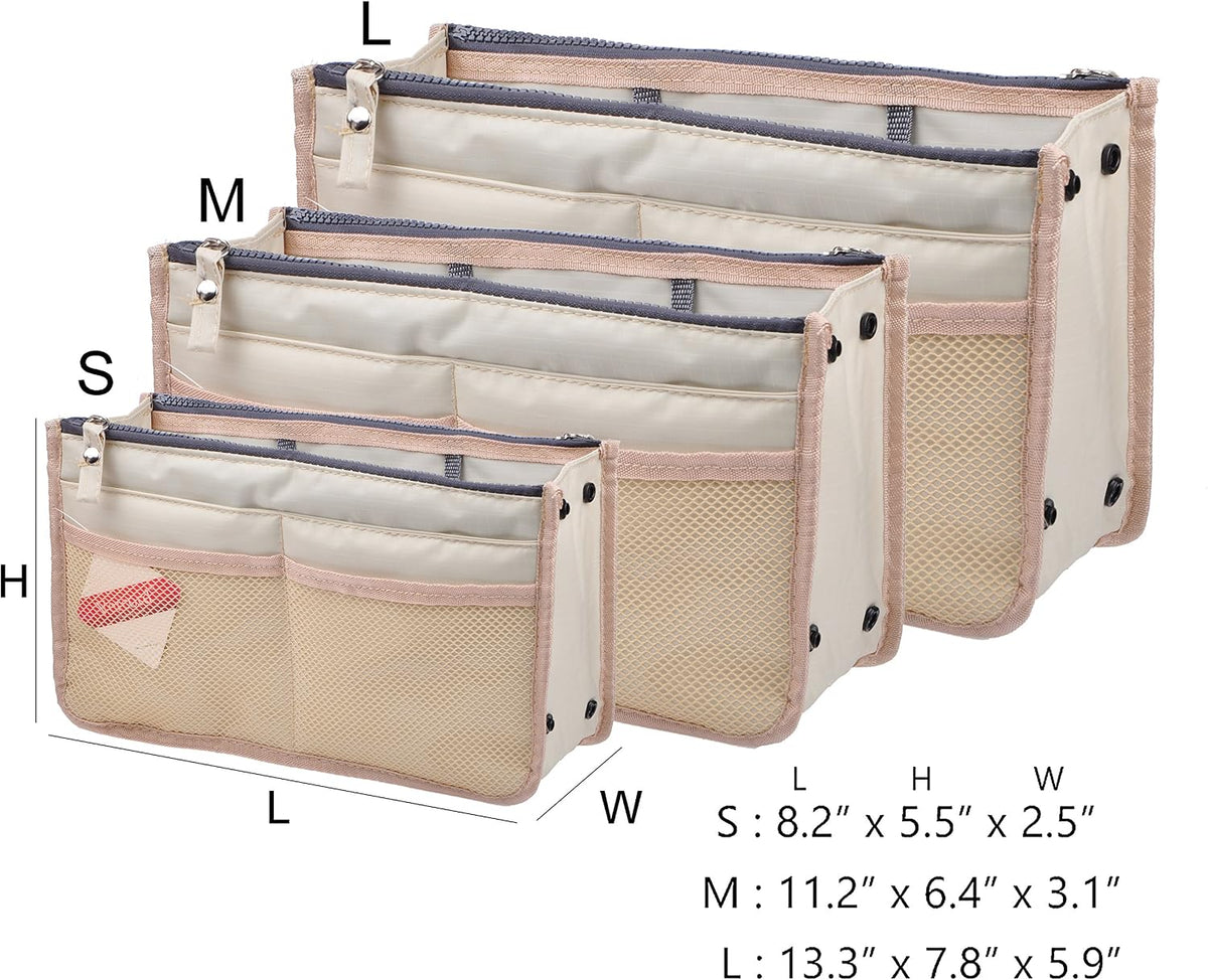 Updated Purse Handbag Organizer Insert Liner Bag in Bag 13 Pockets Beige Dot Small